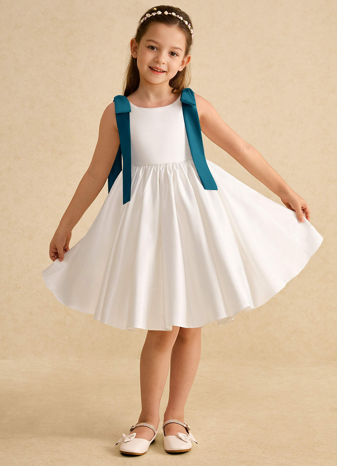 Azazie Stacie Flower Girl Dresses Ivory Ink Blue A-Line Bow Matte Satin Dress image1