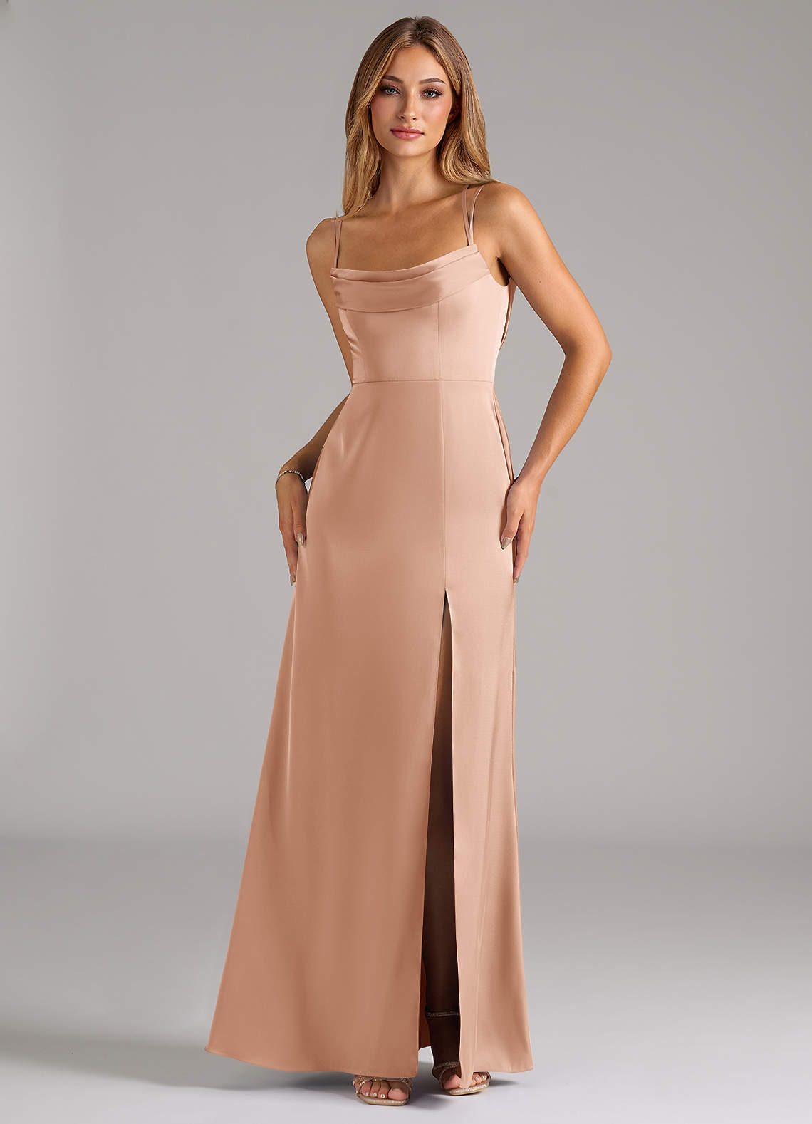 Azazie Callan Ready to Ship Rose Gold Stretch Satin Bridesmaid Dresses | Azazie Azazie Callan Ready to Ship Rose Gold Stretch Satin Bridesmaid Dresses | Azazie