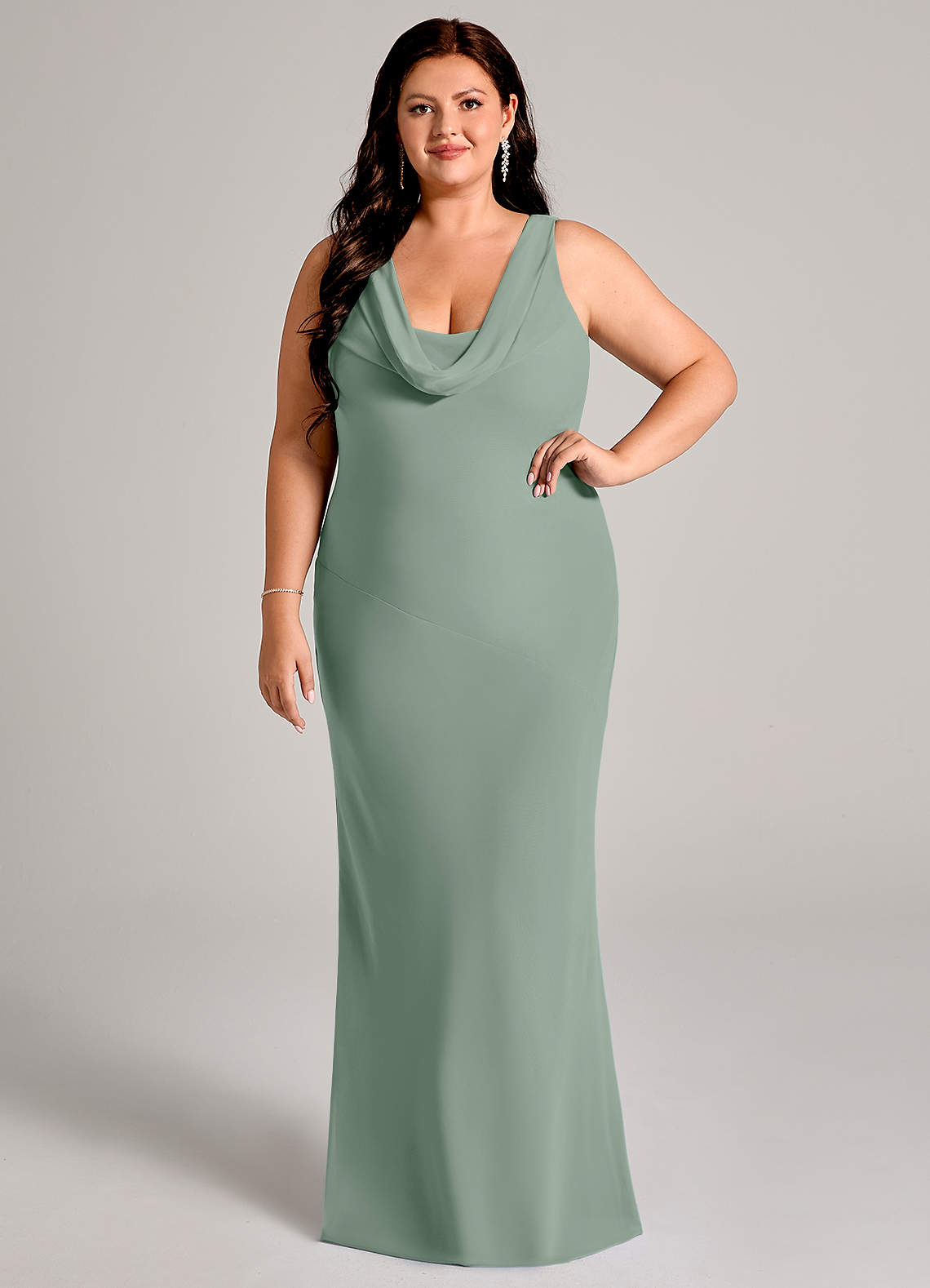 Azazie Rylina Jurken voor bruidsmeisjes Jurk van Chiffon met Zeemeermin Geplooid Zilveren Salie image1