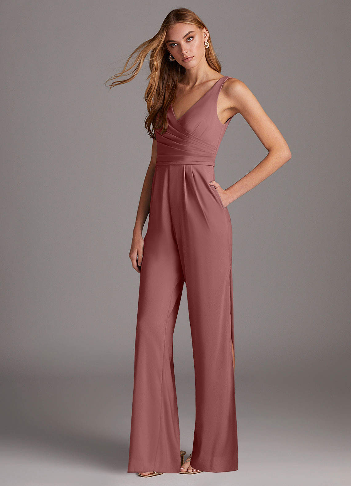 Azazie Ida Abiti da Damigella Tuta in Chiffon Elasticizzato Plissettato Rosa Del Deserto image1