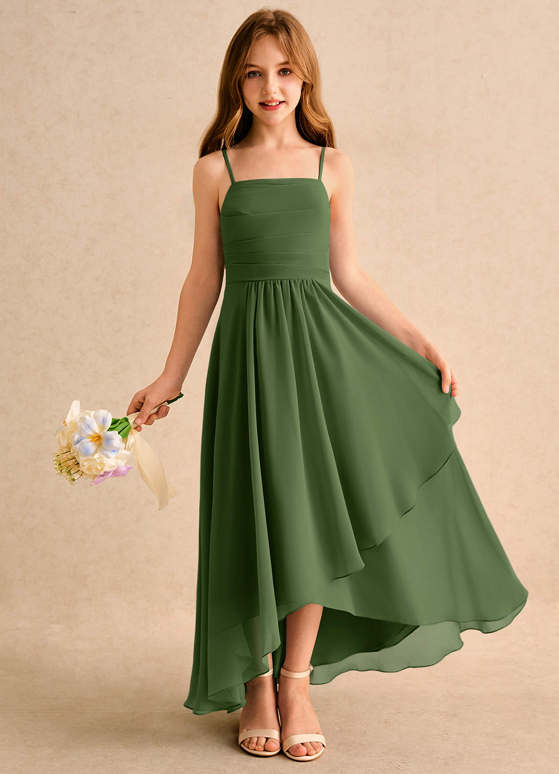 olive green girls dress Azazie A-Line/Princess Square Neck Asymmetrical Chiffon Flower Girl Dresses Tees