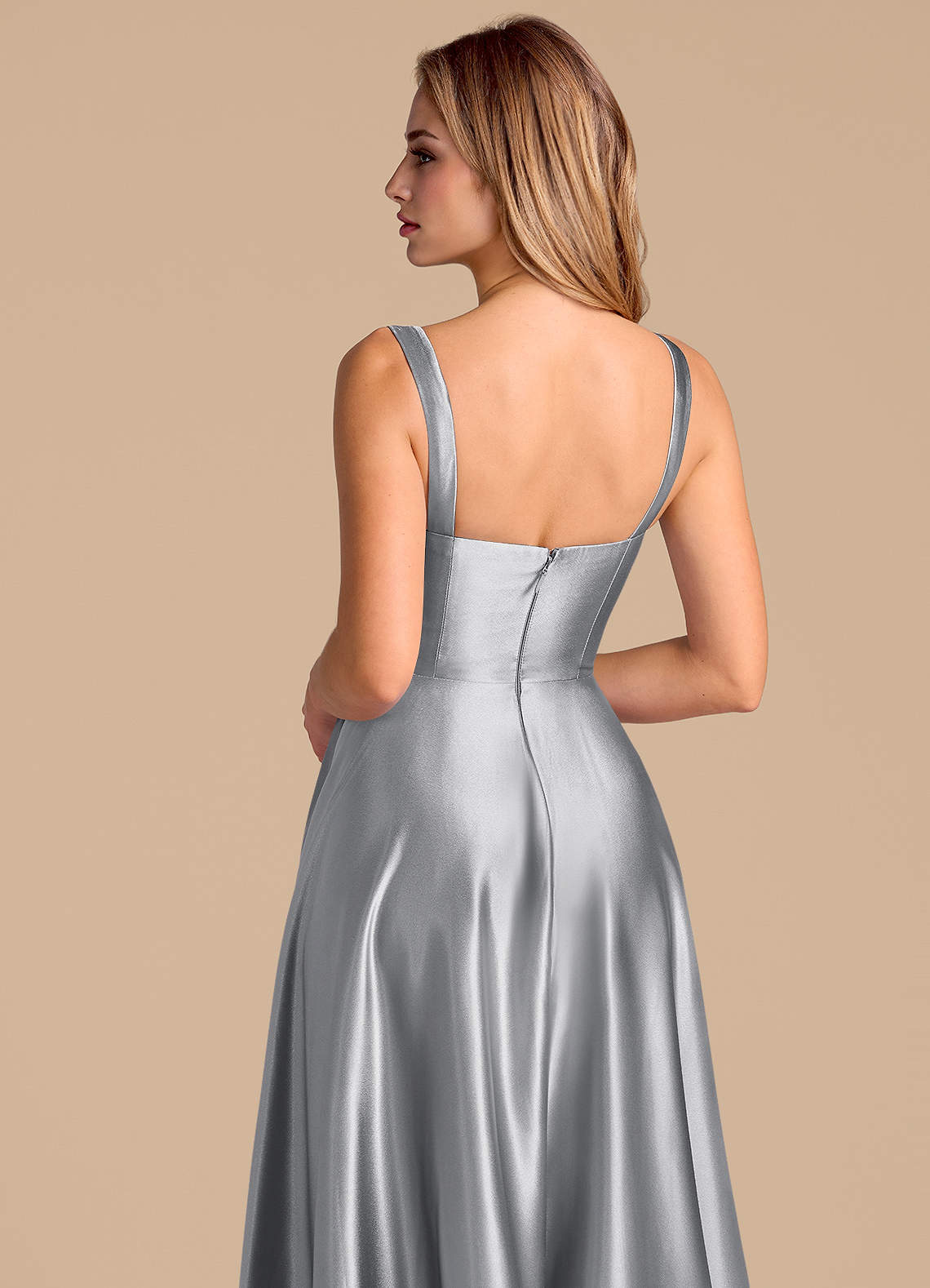 Azazie Shaude Bridesmaid Dresses Silver A-Line Pleated Metallic Satin Dress image6