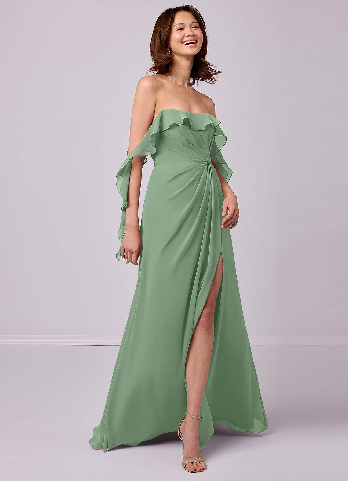 Barbie ♥ Azazie Bridesmaid Dresses Matcha A-Line Off the Shoulder Chiffon Convertible Dress image4