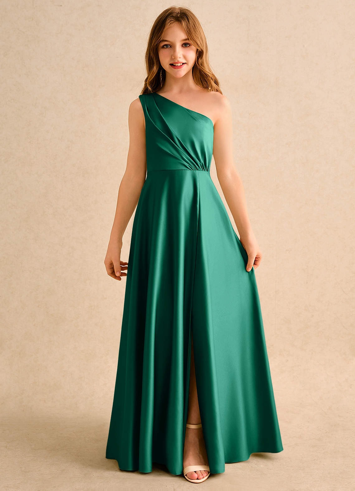 Azazie Puddles Girls Formal Blumenmädchenkleider A-Linie One-Shoulder Matte Satin Kleid Smaragd image3