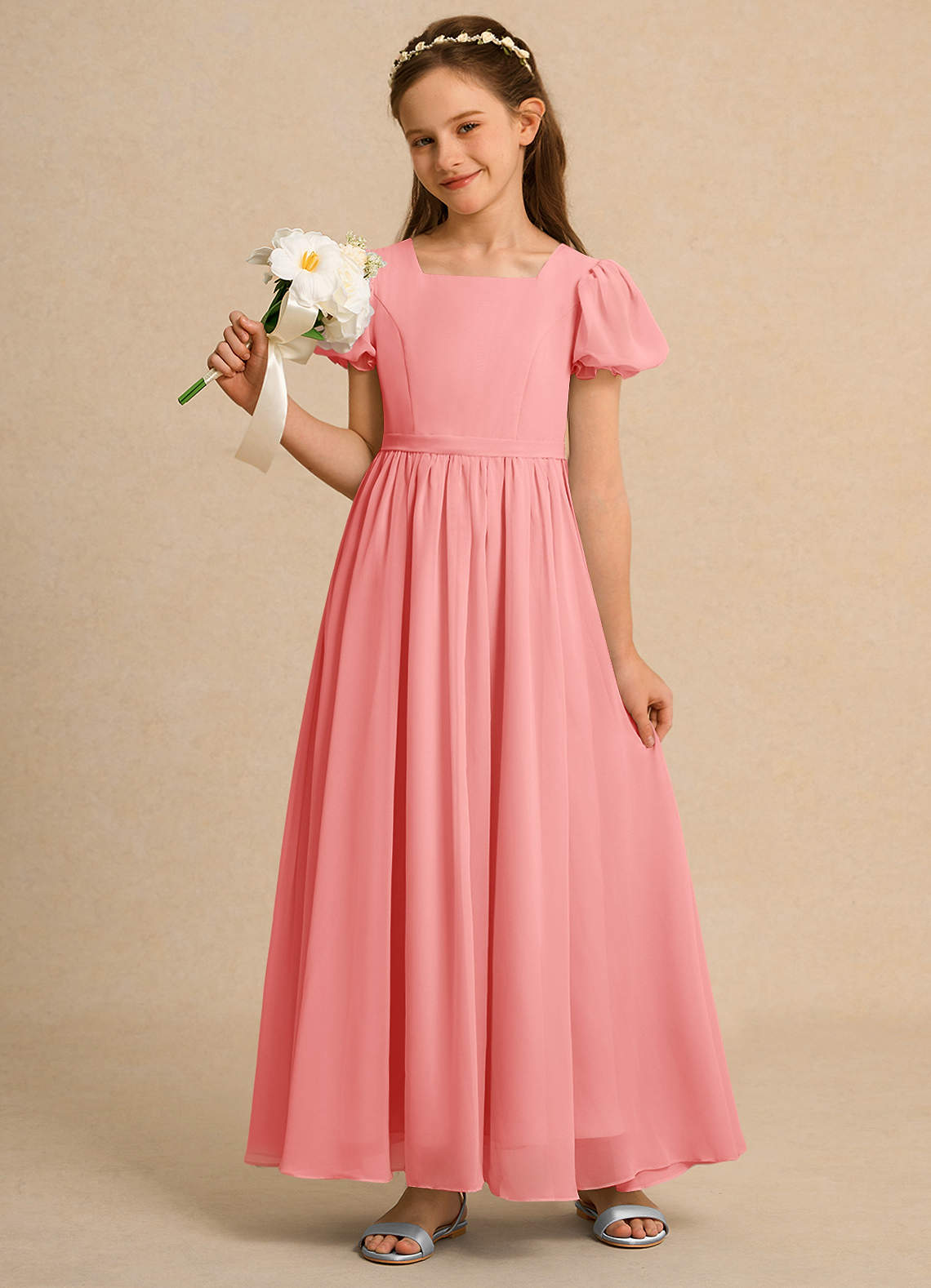 Azazie A-Line Square Neck Ankle-Length Chiffon Flower Girl Dresses - Coral