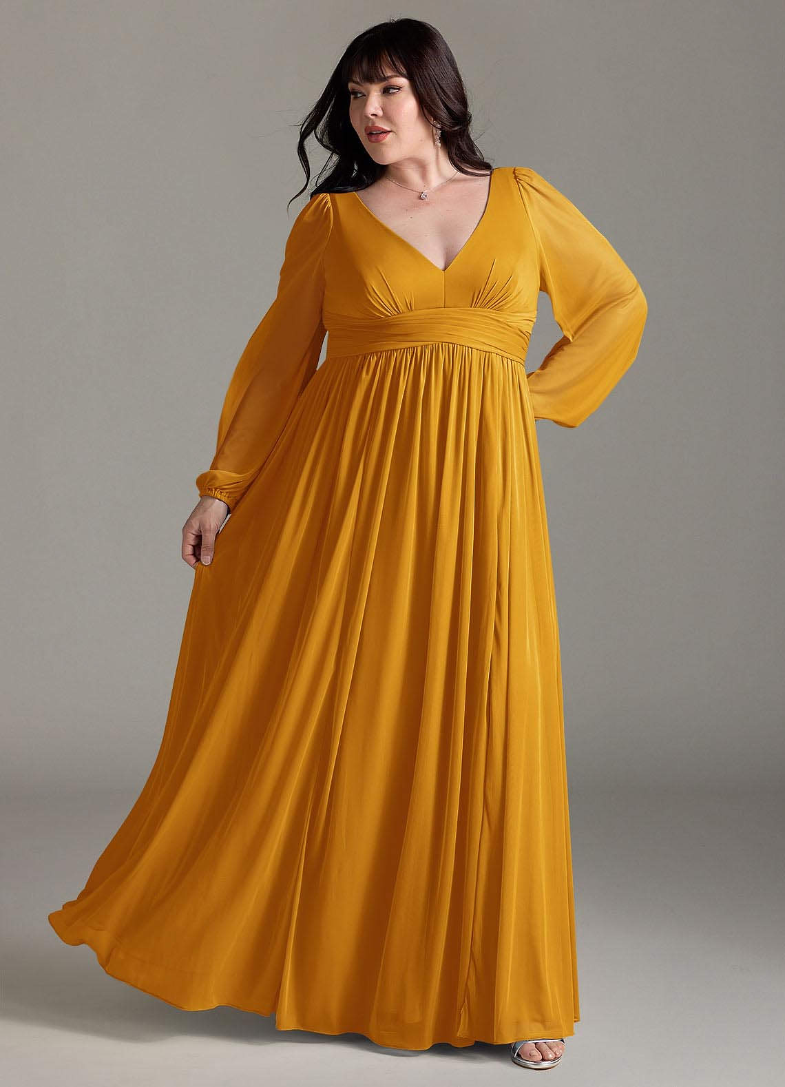 Azazie Plus Size A-Line V-Neck Long Sleeve Floor-Length Chiffon Bridesmaid Dresses - Butterscotch Azazie Plus Size A-Line V-Neck Long Sleeve Floor-Length Chiffon Bridesmaid Dresses - Butterscotch