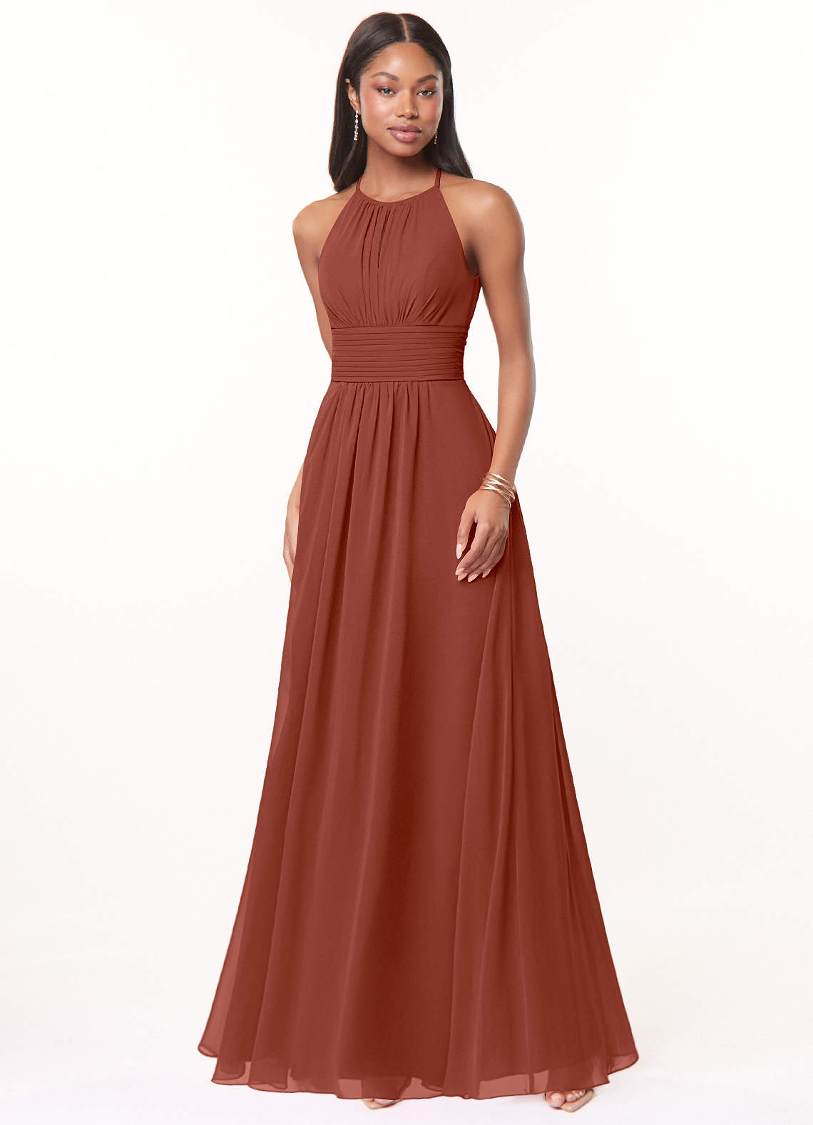 Azazie Bonnie Robes de demoiselle d'honneur Robe Trapèze en Mousseline de soie Trou de serrure froncé Auburn image1