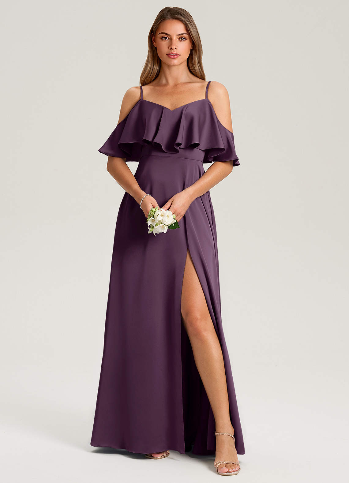Azazie Jean Bridesmaid Dresses Plum A-Line Off the Shoulder Stretch Satin Dress image1