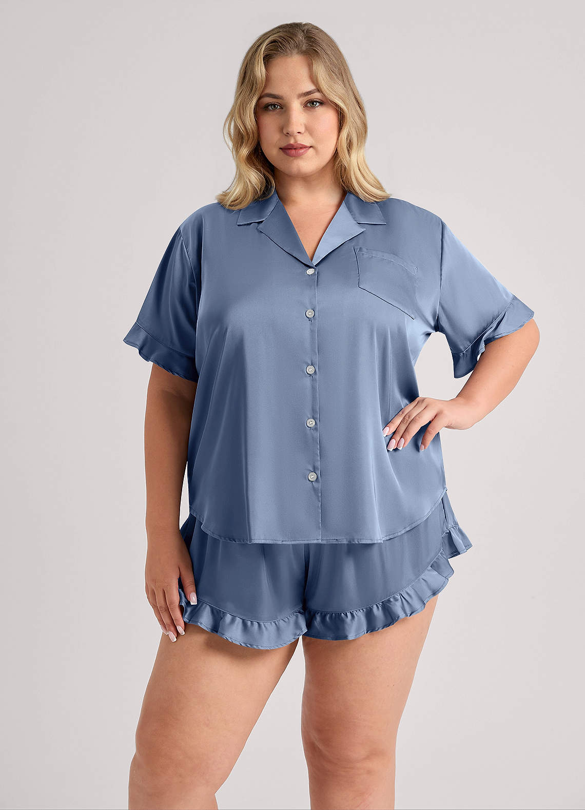 front Ruffled Short Sleeve Pajama Set