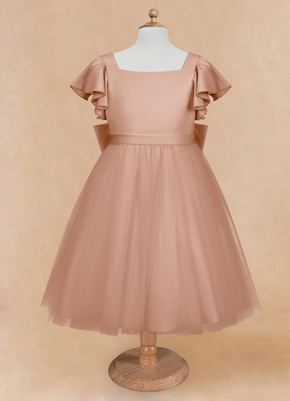 Azazie Kaeya Robe Demoiselle D'honneur Fillette Robe Trapèze en Tulle Arc Champagne Rosé image4