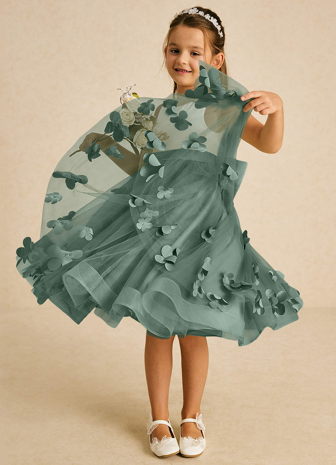 Azazie Sprout Flower Girl Dresses Eucalyptus A-Line Bow Tulle Dress image2