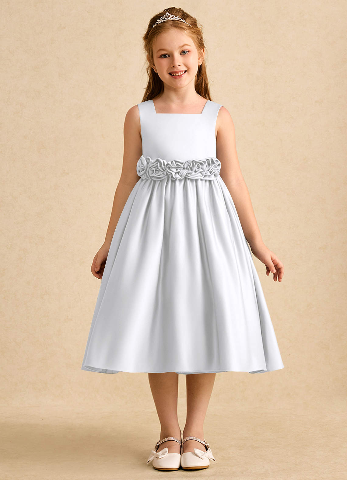 Azazie Peaches vestidos de niña de las flores Vestido de Blanco de Satin Mate de Corte En A con Lazo image1