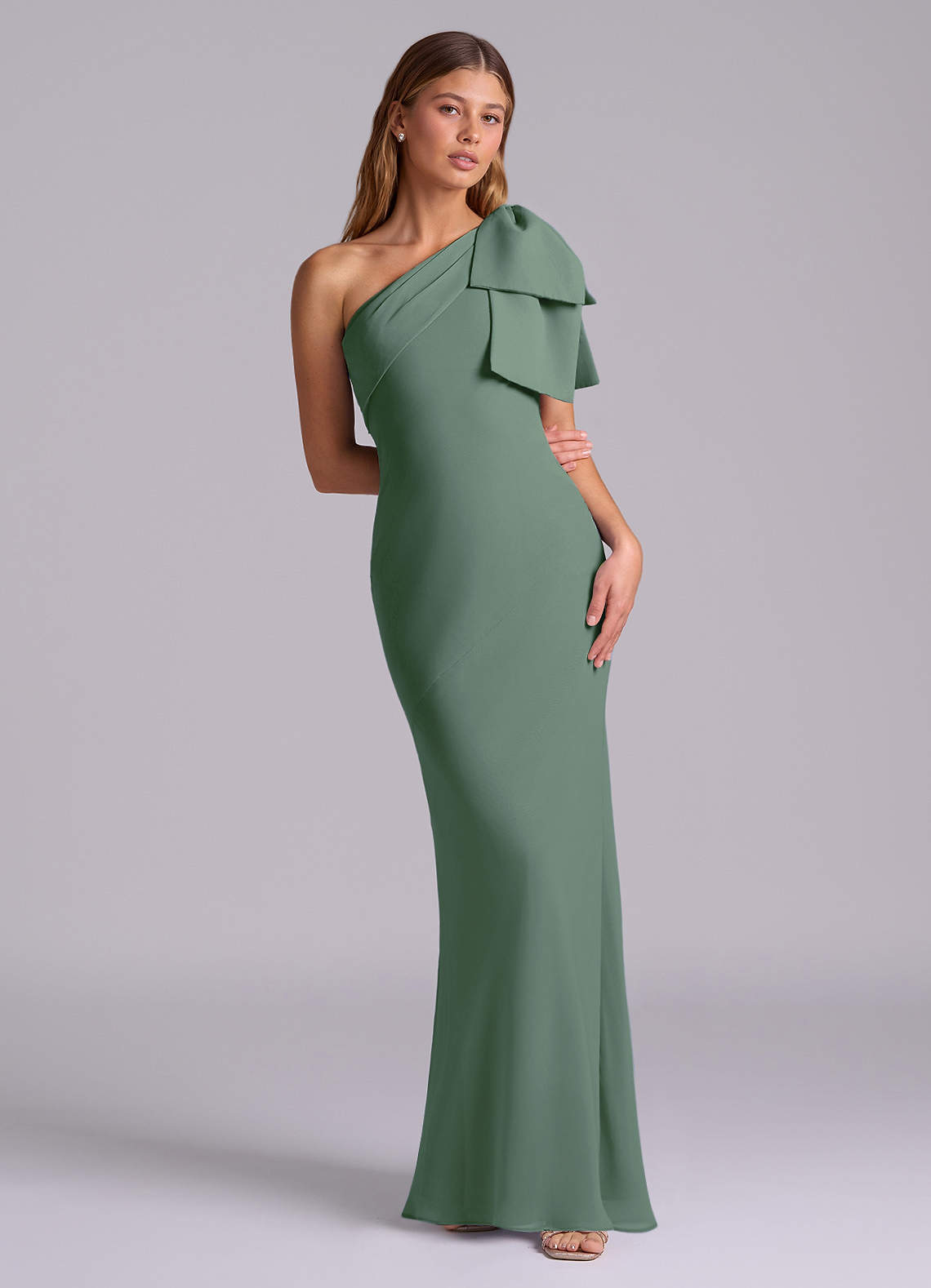 Azazie Yuanna Bridesmaid Dresses Eucalyptus Mermaid One Shoulder Chiffon Dress image2