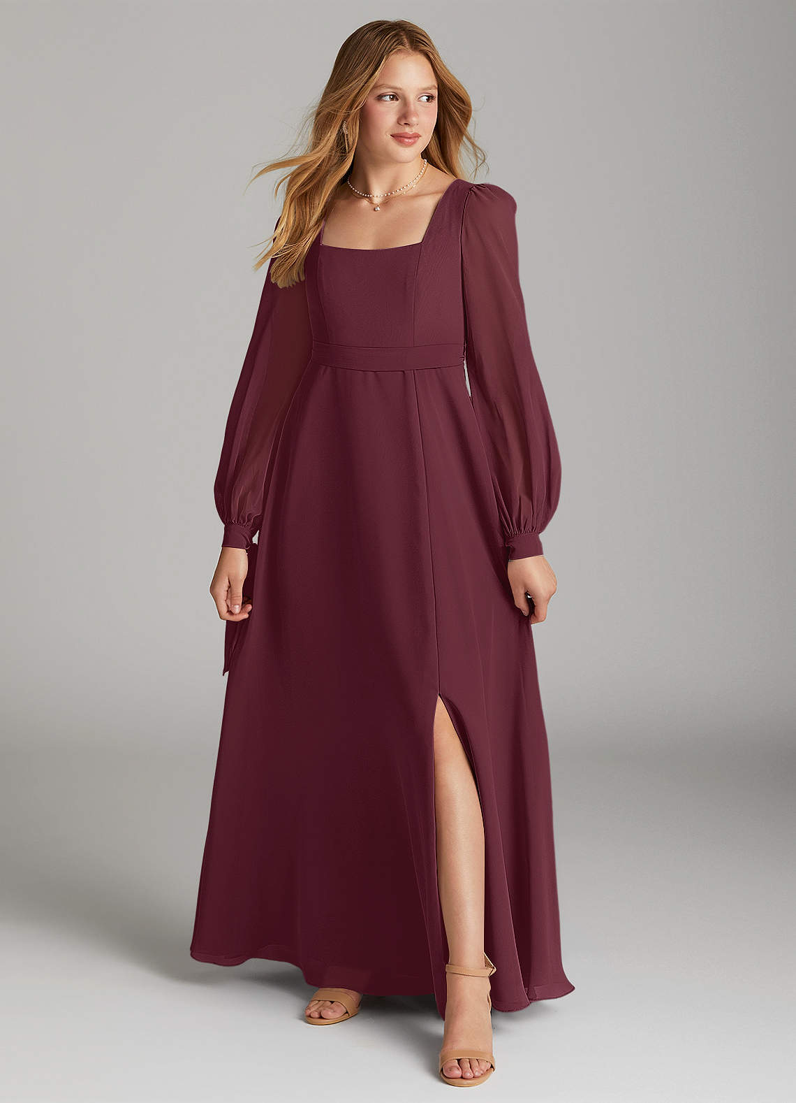 Azazie Leonia Junior Cabernet A-Line with Pockets Chiffon Dress image1
