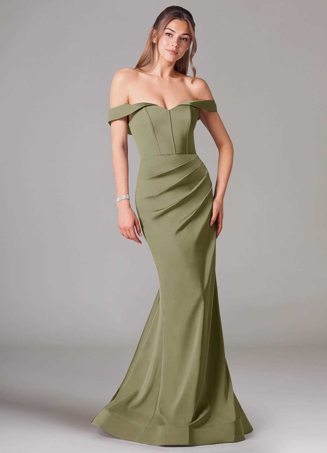 Azazie Everly Bridesmaid Dresses Pistachio Mermaid Off the Shoulder Stretch Satin Convertible Dress image1