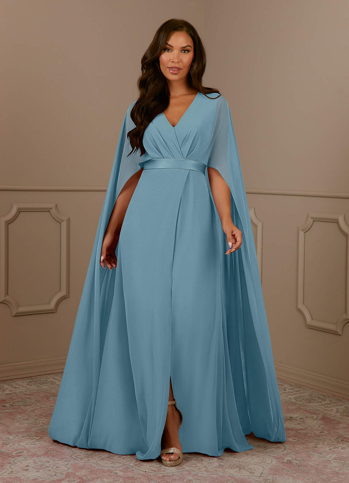 Azazie Isa Mother of the Bride Dresses Moody Blue A-Line V-Neck Pleated Chiffon Dress image1