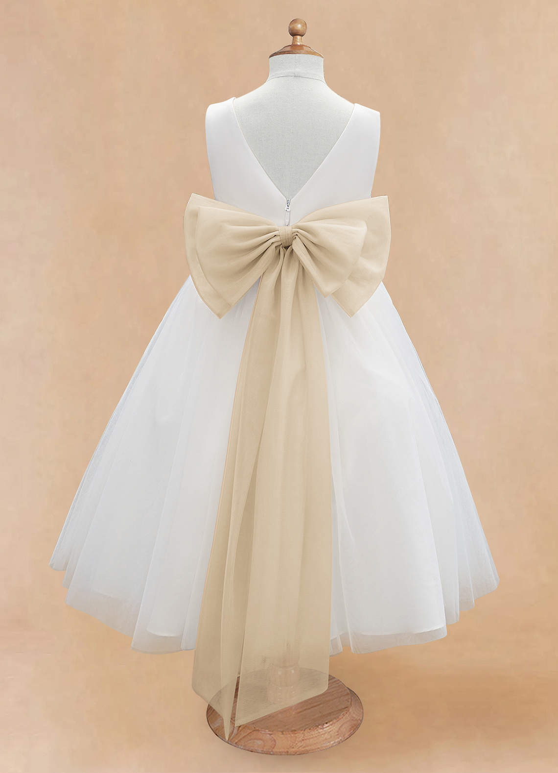 Azazie Kavi Flower Girl Dresses Ivory Champagne A-Line Bow Matte Satin Dress image7