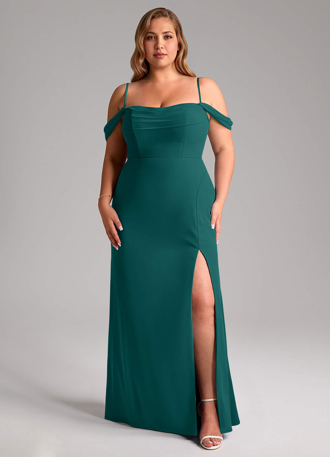 Azazie Saige Abiti da Damigella Abito Convertibile A-Line in Chiffon a Spalla Scoperta Verde Pavone image13
