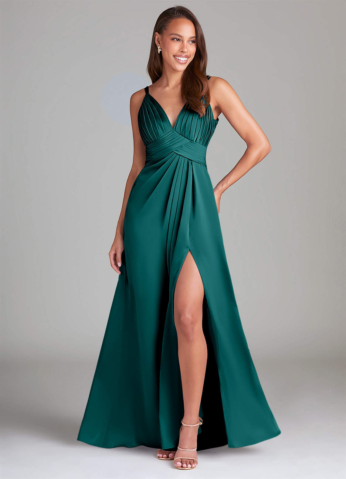 Azazie Maren Allure Robes de demoiselle d'honneur Robe Trapèze en Satin extensible Dentelle Paon image1