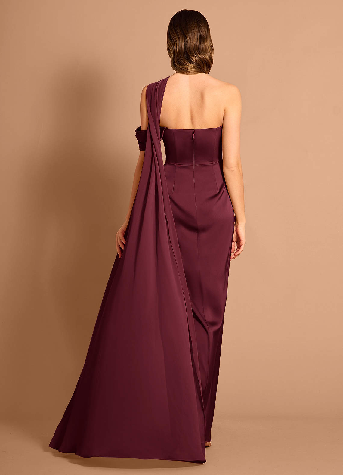 Azazie Wine Cold shoulder Column Evening Dress / Gown