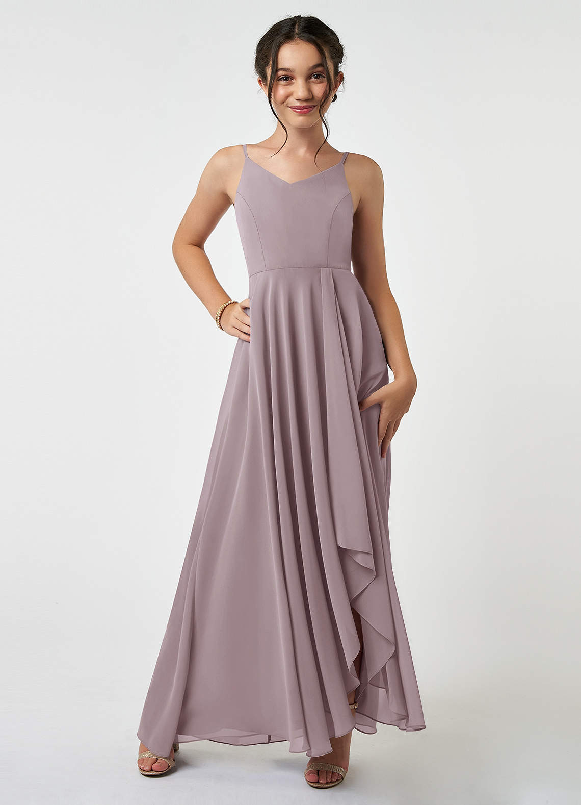 Azazie Collette Junior A-Linie Gestreift Chiffon Kleid Dämmerung image1