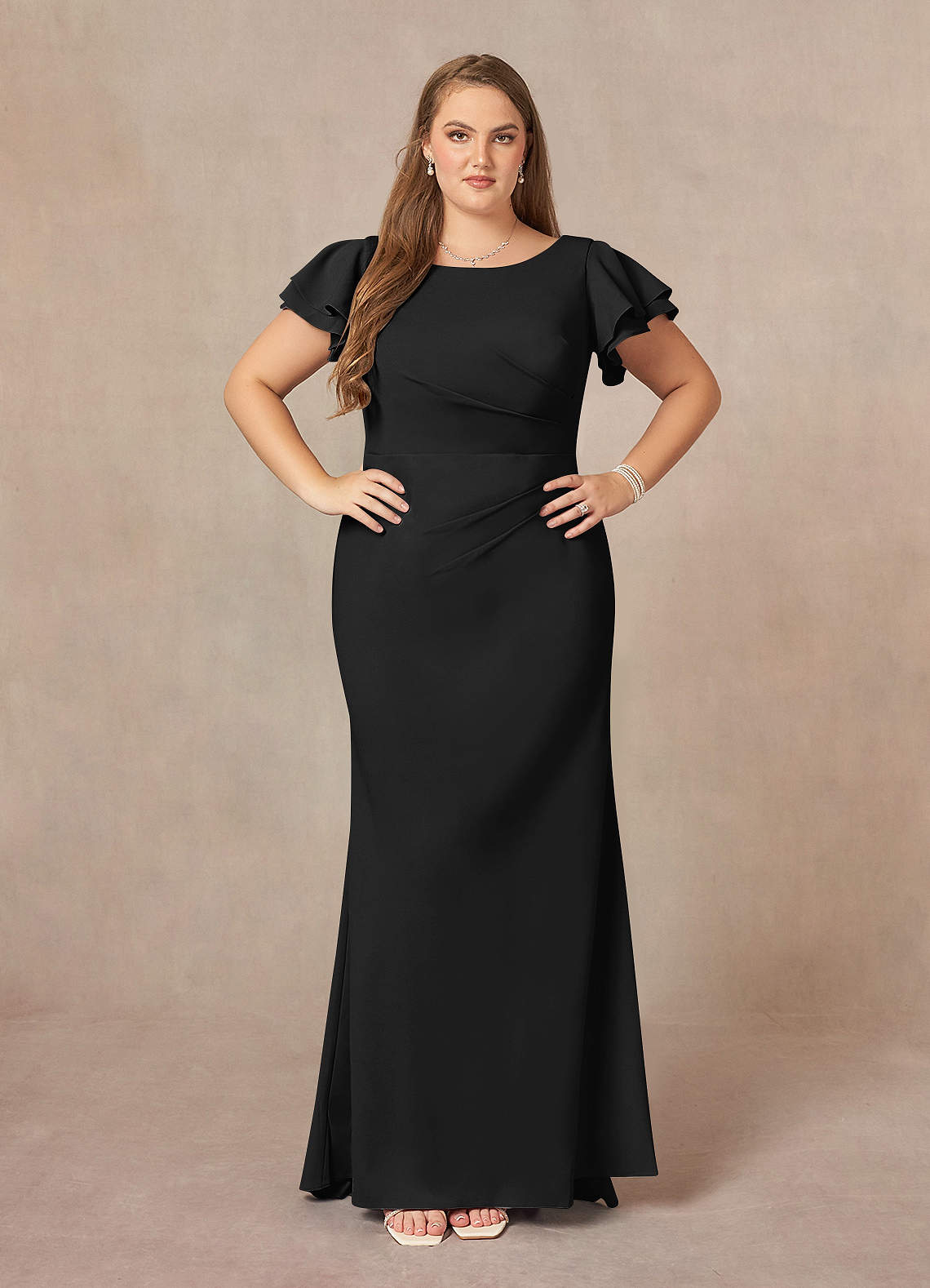 Azazie Peppermint Final Sale Black Mermaid Scoop Ruched Stretch Crepe Dress image1