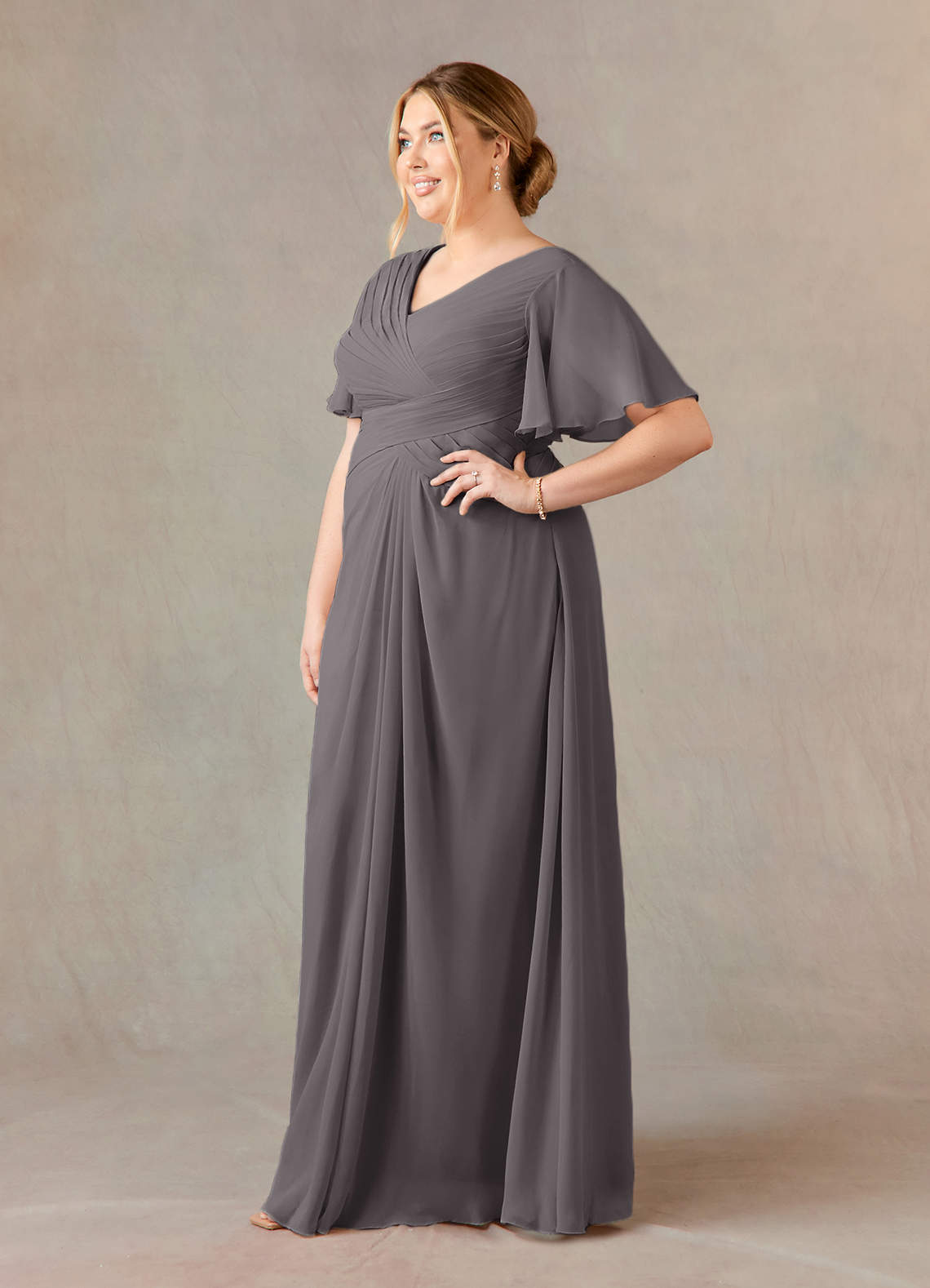 Azazie Morning Glory Steel Grey A-Line V-Neck Ruched Chiffon Dress Ready to Ship