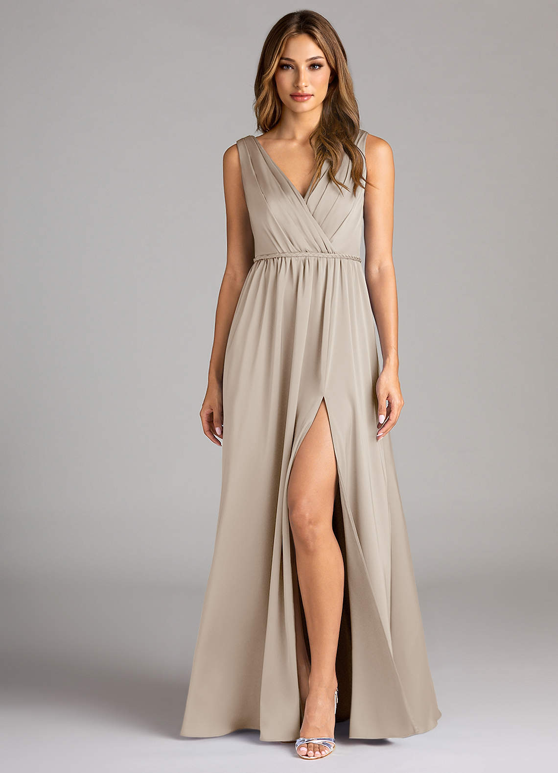 Azazie Tanicia Brautjungfernkleider A-Linie Plissee Stretch-Satin Kleid Frost image1