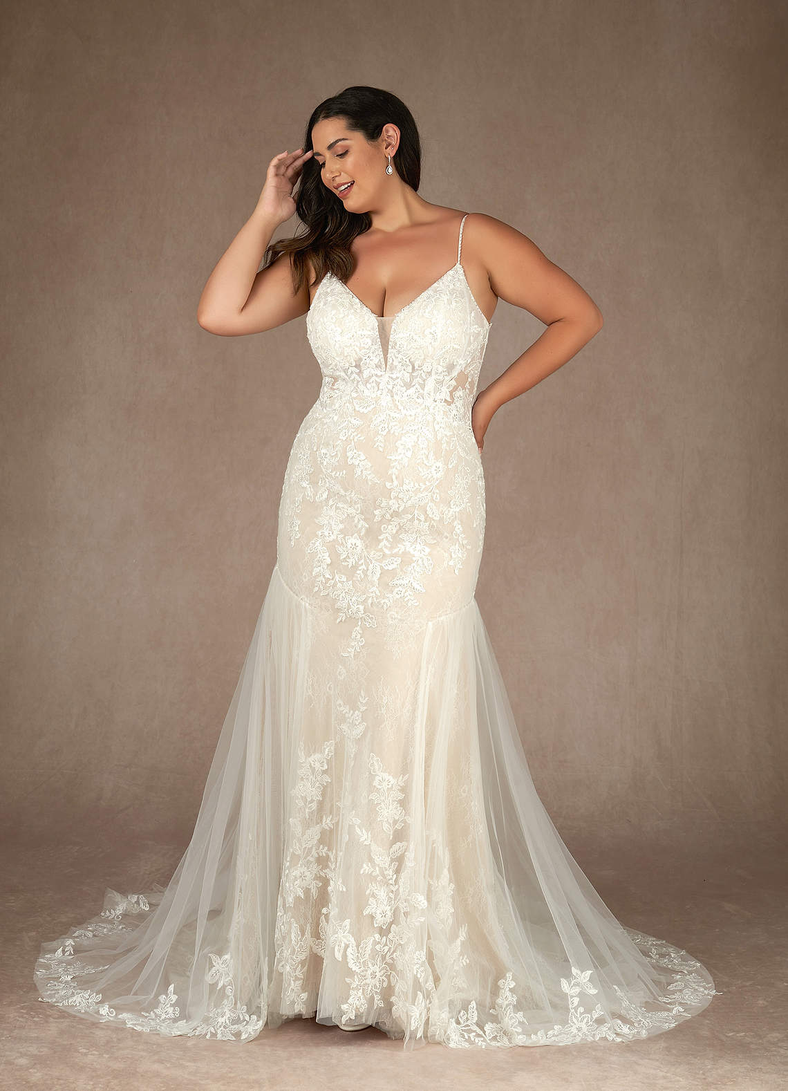 Azazie Leonie Vestidos de novia Vestido de Blanco Diamante Champán de Tul de Corte Sirena con Lentejuelas Cuello V image19