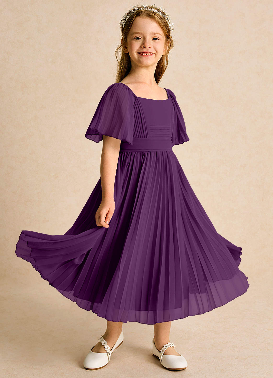 Azazie Gisele Abiti da Ragazza di Fiori Abito A-Line in Chiffon Plissettato Uva image1