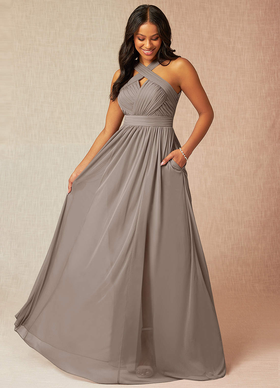 Azazie Hillian Bridesmaid Dresses Taupe A-Line Halter Pleated Mesh Dress image1