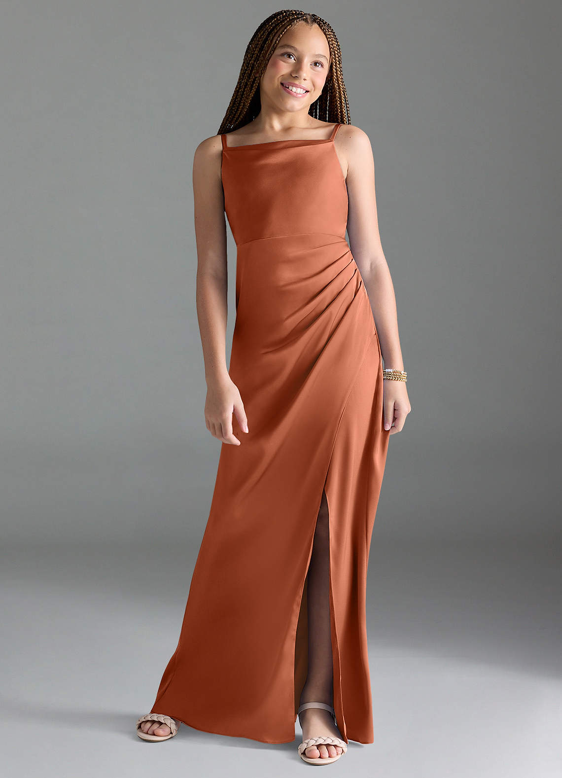 Azazie Leonis Junior Cedar Rose A-Line Pleated Stretch Satin Dress image1