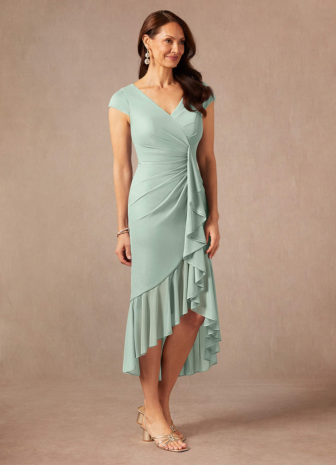 Azazie Renetta Agave Sheath V-Neck Pleated Mesh Dress Azazie CA