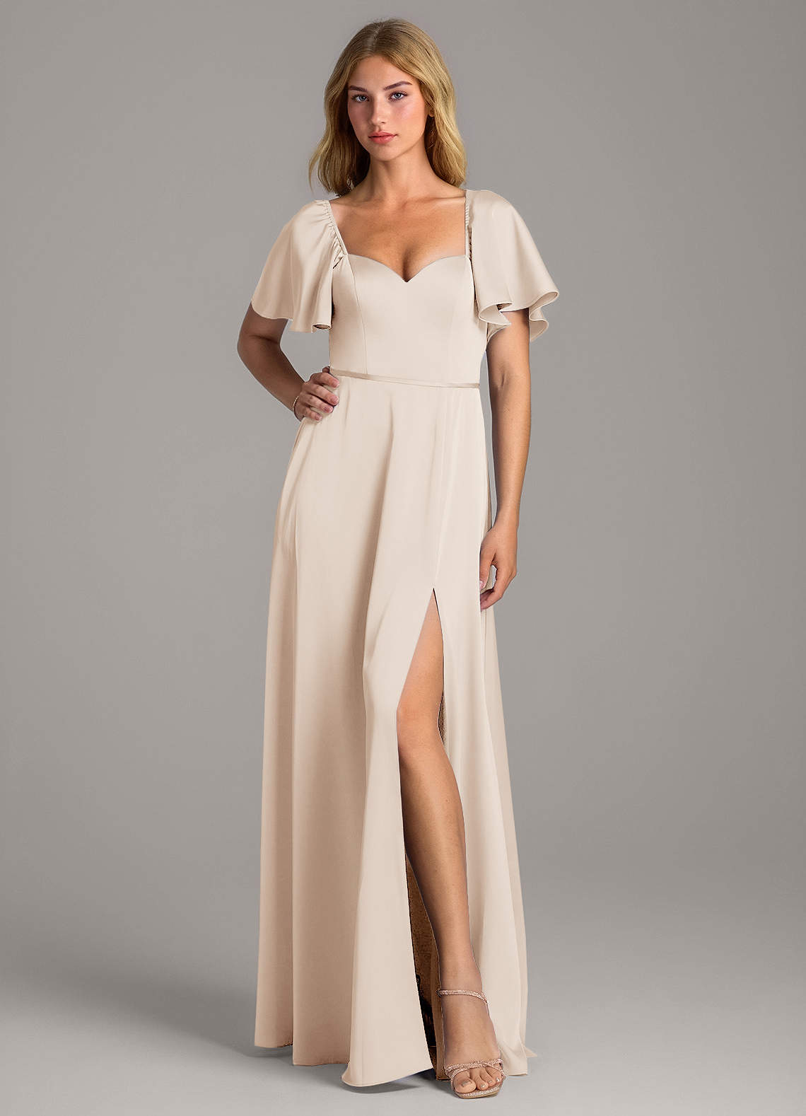 Azazie Chloe Vestidos de damas de honor Vestido de Alabastro Blanco de Satén Elástico de Corte en A con Escote de Corazón image1