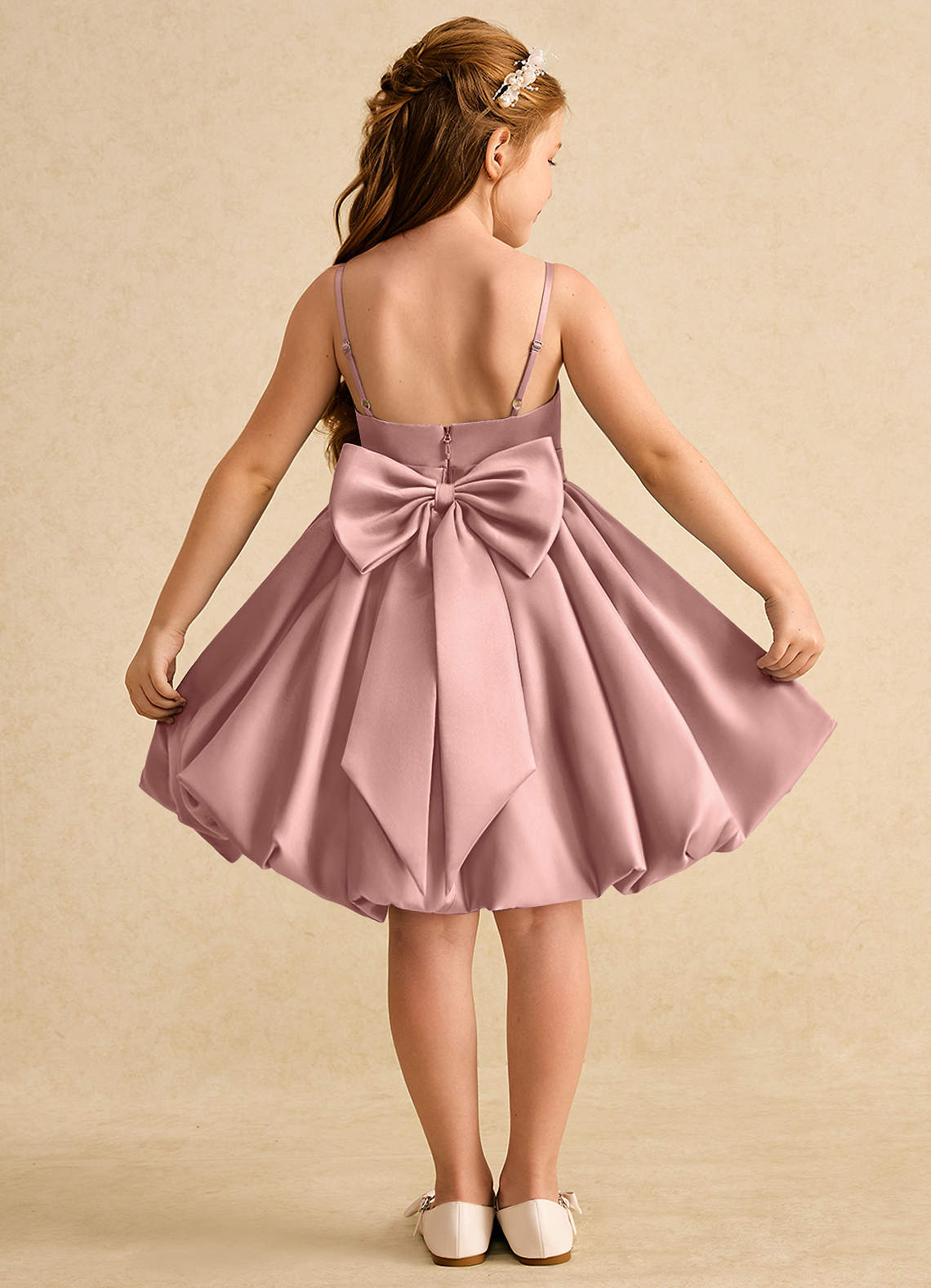 Azazie Davine Flower Girl Dresses Rose Gold A-Line Spaghetti Strap Matte Satin Dress image1