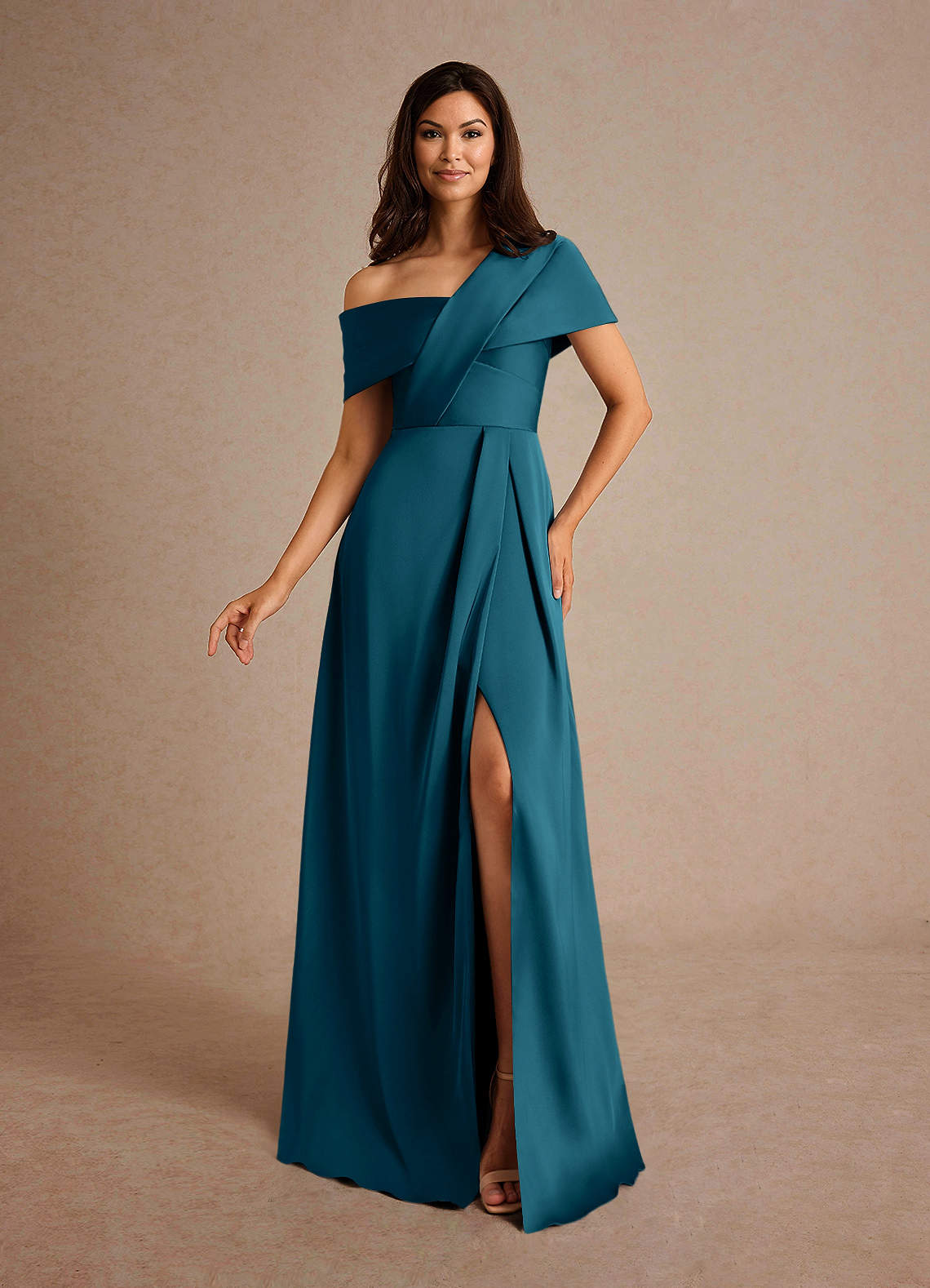 Azazie Milton Mother of the Bride Dresses Ink Blue A-Line Pleated Stretch Satin Dress image1