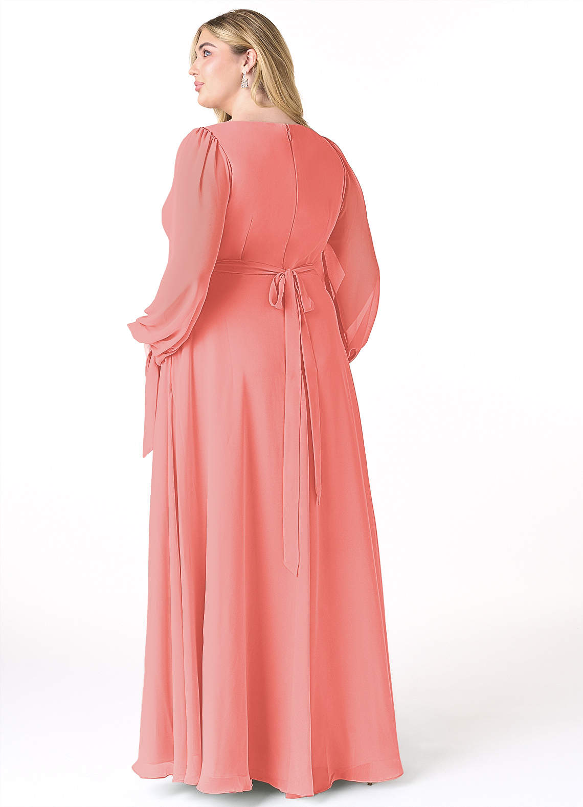 long sleeve coral bridesmaid dresses Metallic Chiffon Long Coral Formal Dress with Sleeves Red / 0