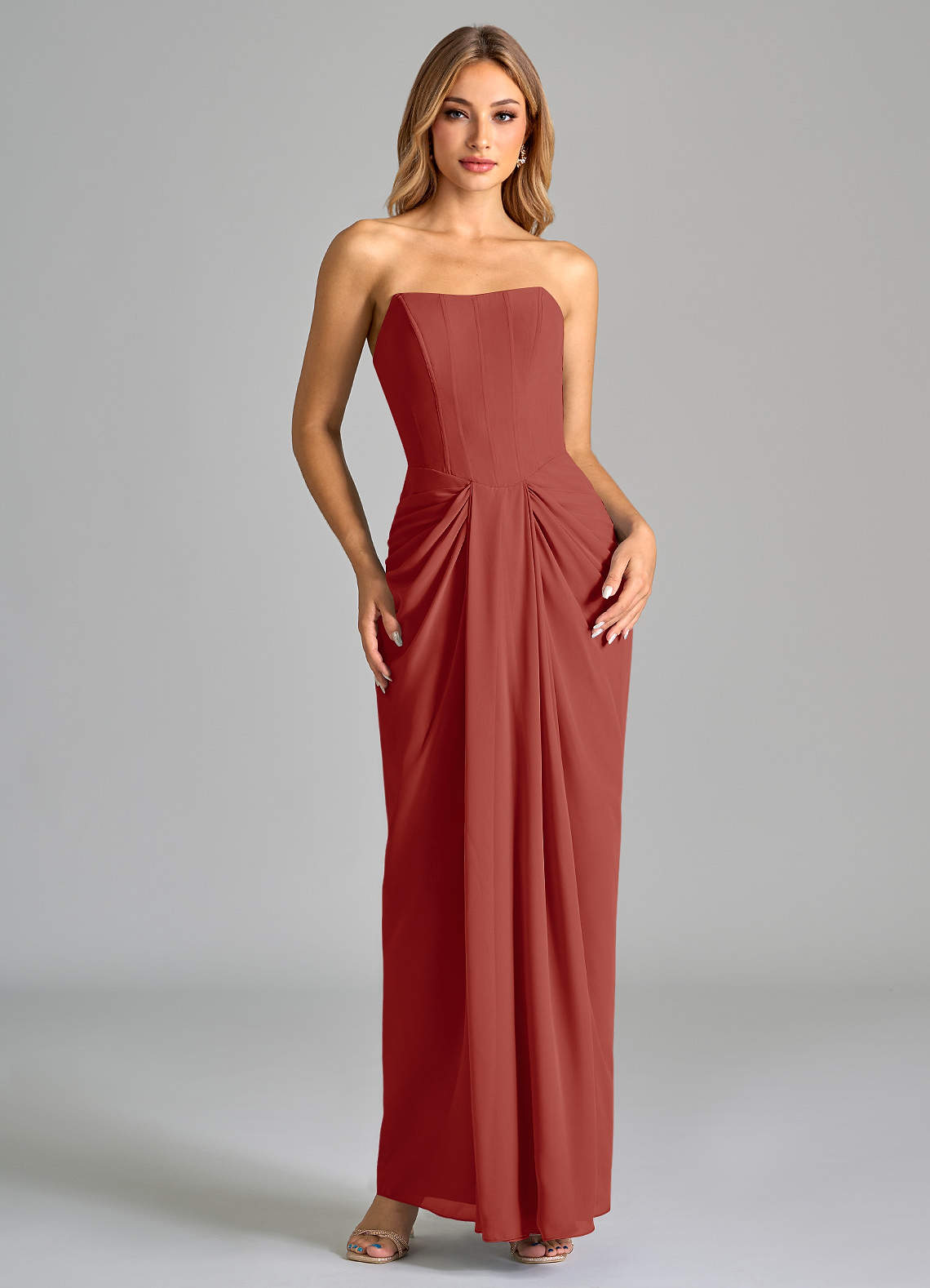 Azazie Anaïs Bridesmaid Dresses Terracotta Sheath Strapless Chiffon Dress image1