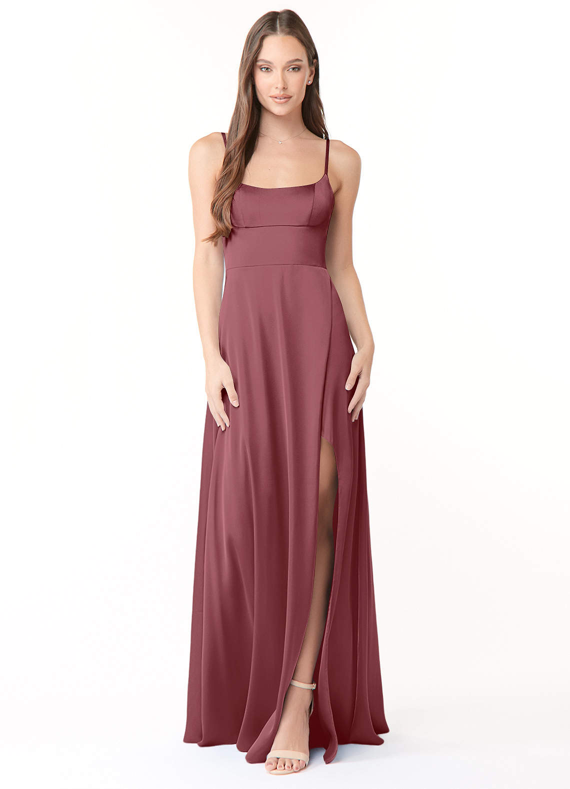 Azazie Halsey Bridesmaid Dresses Desert Rose Sheath Side Slit Stretch Satin Dress image1