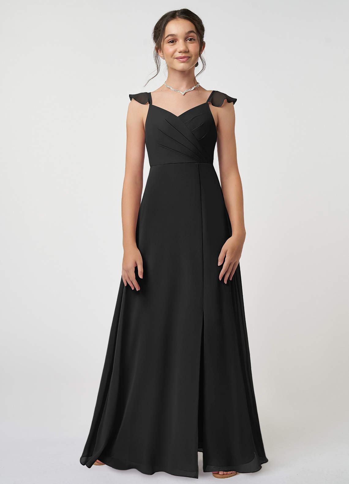 Azazie Amada Junior Abito A-Line in Chiffon Increspato Nero image1