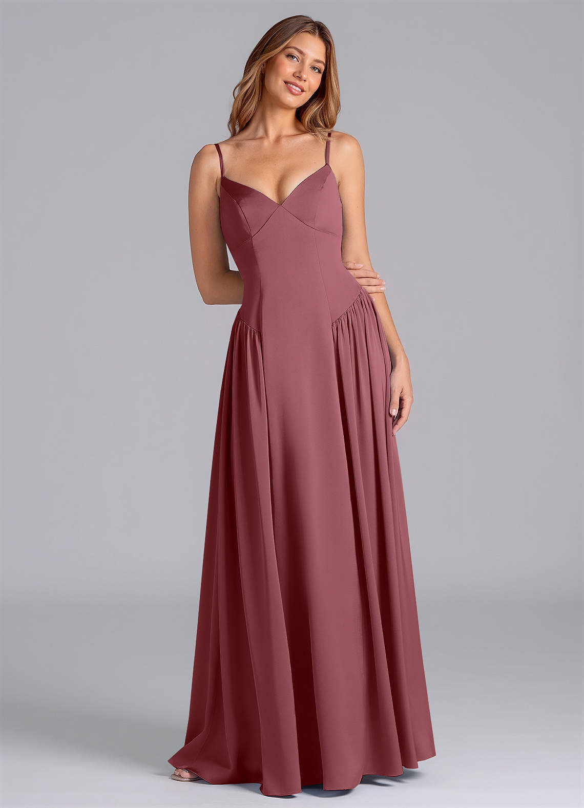 Azazie Kirby Bridesmaid Dresses Desert Rose A-Line Stretch Satin Dress image1