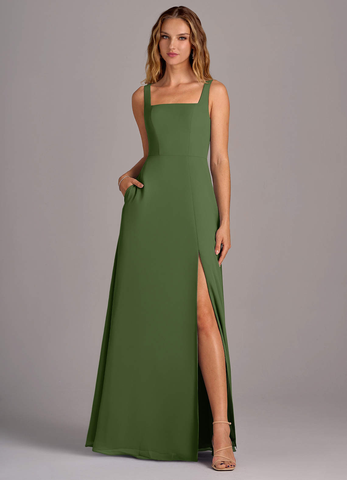 Azazie Debra Bridesmaid Dresses Olive A-Line with Pockets Chiffon Convertible Dress image1