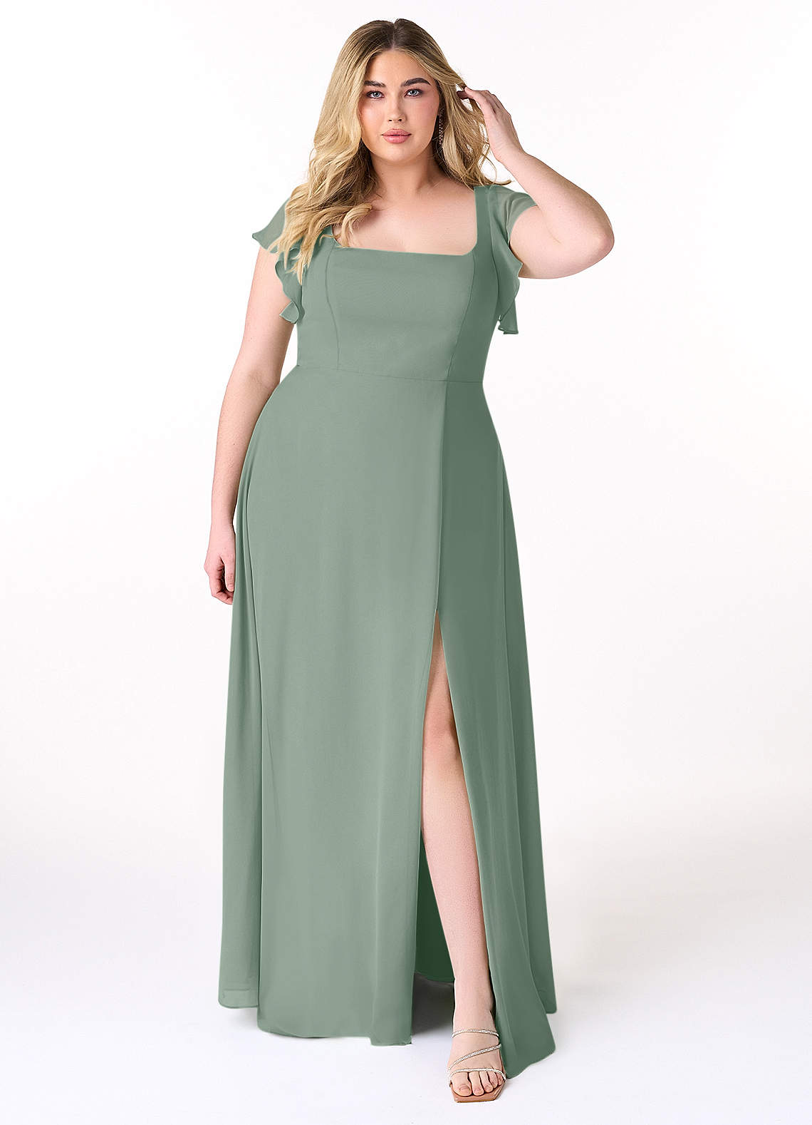 Azazie Bondi Bridesmaid Dresses Silver Sage A-Line Ruffled Chiffon Dress image6