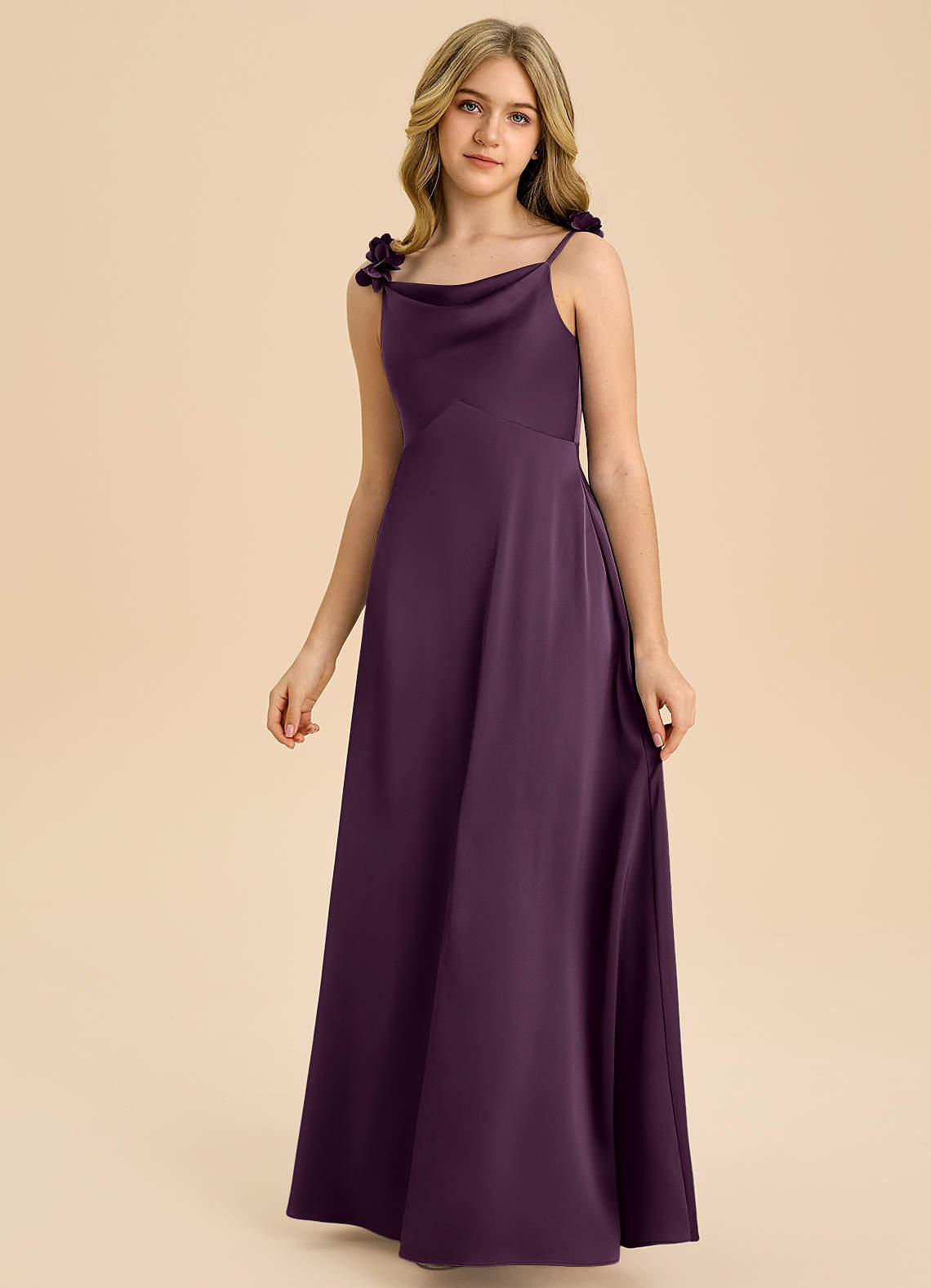 Azazie Gumdrop Junior Plum Empire Pleated Stretch Satin Dress image2