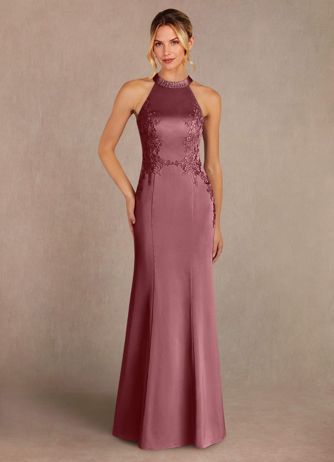 Azazie Tyra Mère de la mariée Robes Robe Sirène en Satin extensible Dentelle Rose Du Désert image1
