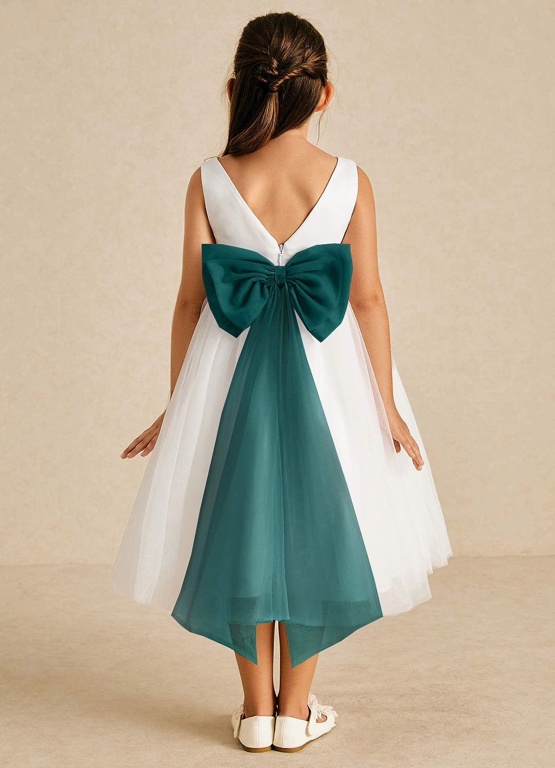 Azazie Kavi Flower Girl Dresses Ivory Peacock A-Line Bow Matte Satin Dress image1