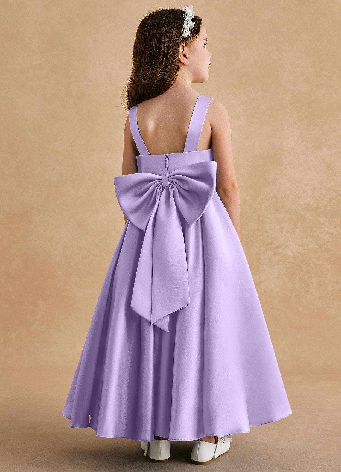 Azazie Honey Bear Flower Girl Dresses Lilac A-Line Pleated Matte Satin Dress image1