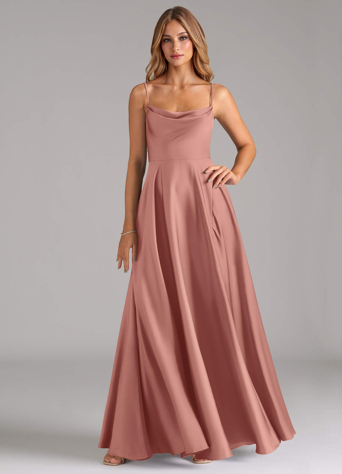 Azazie Elle Bridesmaid Dresses Rosette A-Line Pleated Stretch Satin Dress image1
