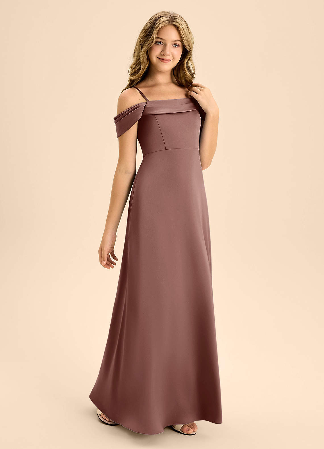 Azazie Anselie Junior Espresso A-Line Off the Shoulder Stretch Satin Dress image4