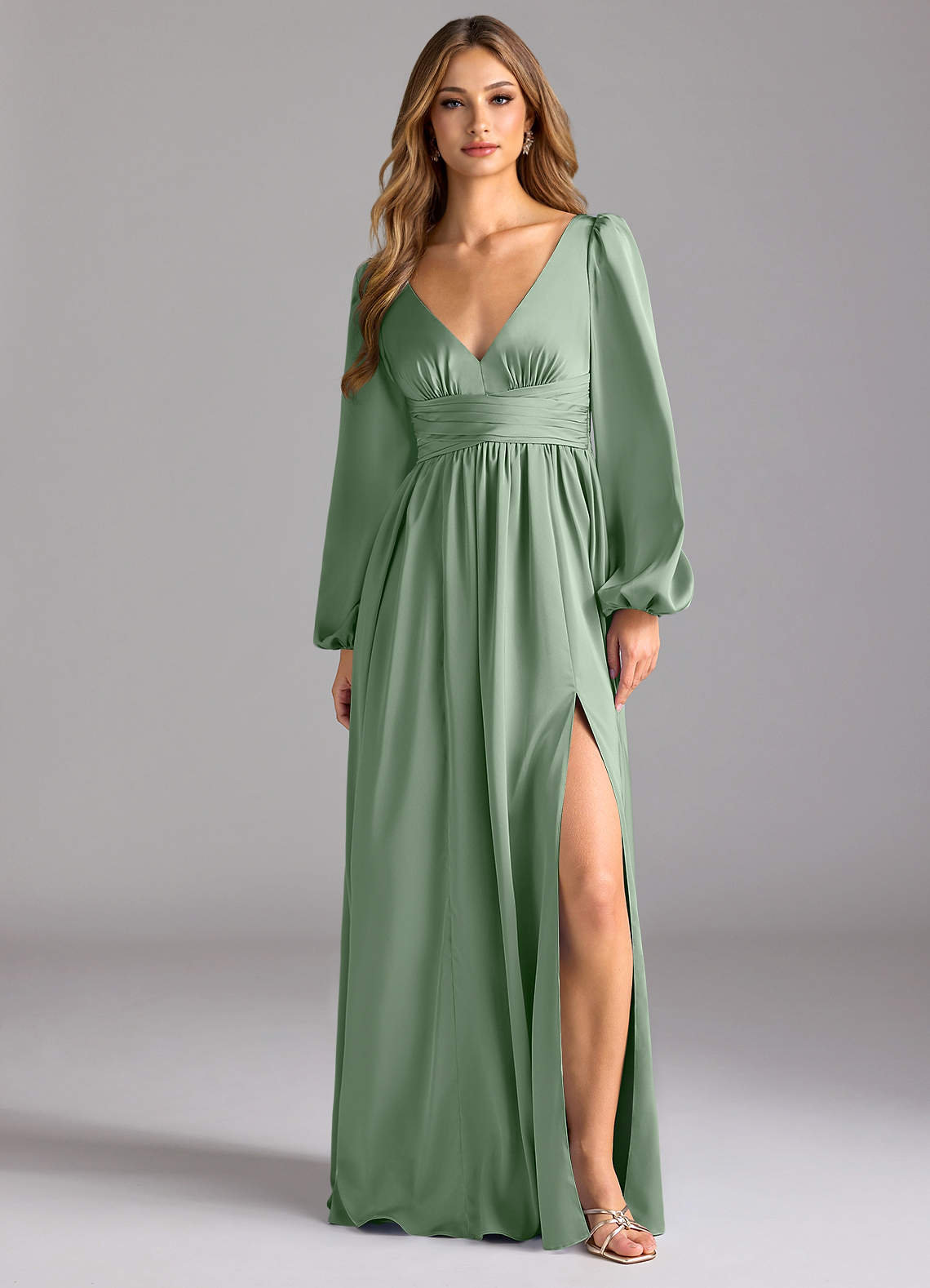 Azazie Norah Brautjungfernkleider A-Linie Stretch-Satin Kleid Matcha image1